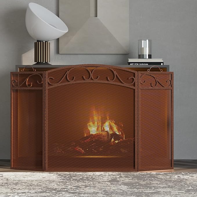 Fire Beauty Fireplace Screen 3 Panel with Handles Wrought Iron 51"(L) x31(H) Spark Guard Cover(Antique Bronze)