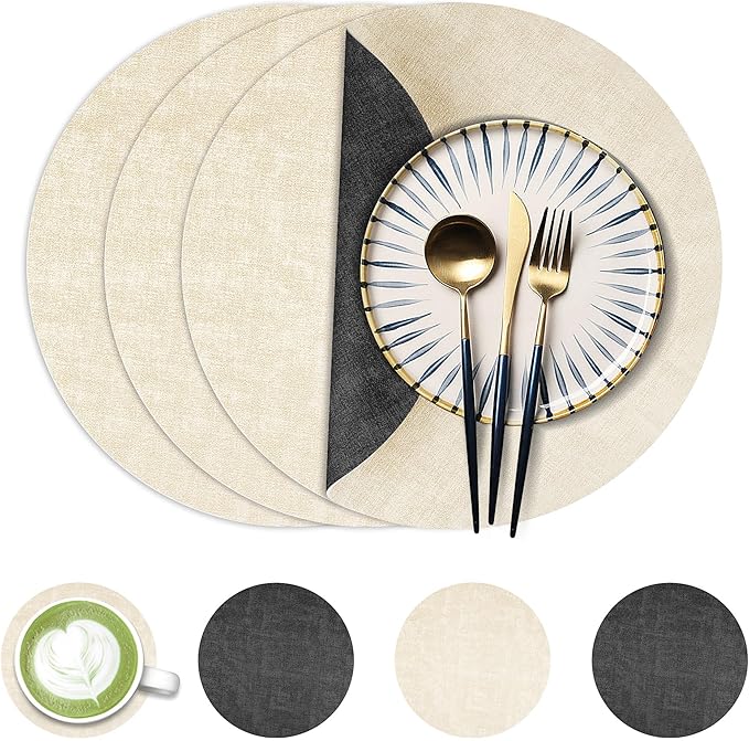 13-Inch Faux Leather Round Placemats Set of 4, Waterproof Anti-Slip Dual Sided Place mats, Heat Resistant Washable Table Mats with Coaster, Suitable for Indoor & Outdoor (4, Black Beige)