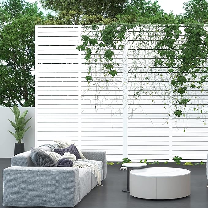 Metal Privacy Screen Outdoor 72" H×47" W,Freestanding Decorative Privacy Screen for Balcony Yard&Garden,Privacy Fence-White&Louvered