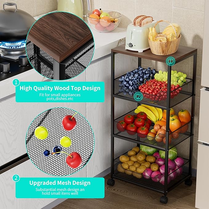 HapiRm Fruit Basket Kitchen Cart - 4-Tier Rolling Storage Cart with Wheels, Fruit Vegetable Basket with Wood Top, Pantry Utility Kitchen Organizer for Fruit Potato Onion Vegetable Bread Snack