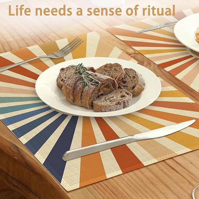 Placemats Set of 6,Vintage Boho Sun Table Mats,Sunrise Sunshine Washable Linen Table Mats,Non-Slip Heat Resistant Placemats for Party Kitchen Dining Indoor Outdoor 12"x18"