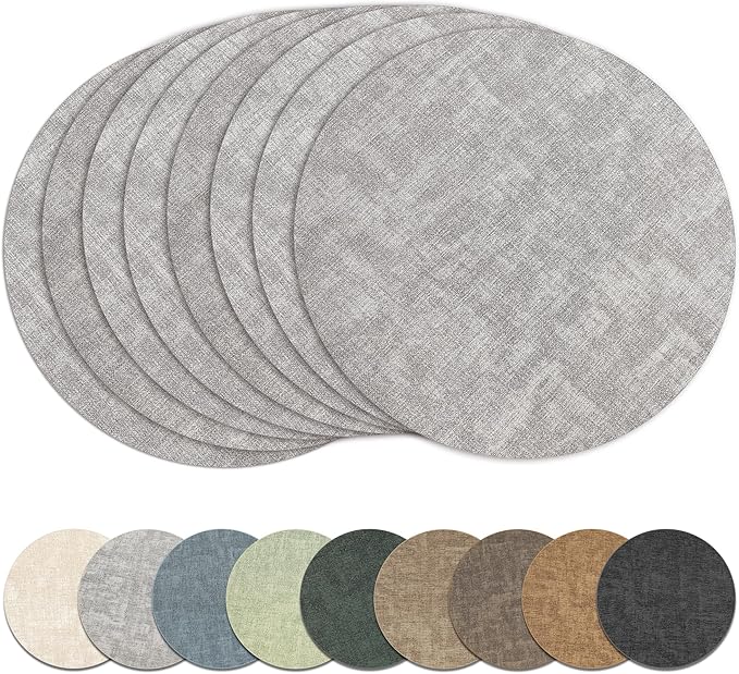 13" Round Placemats Set of 8, Reversible Faux Leather Heat Resistant Table Mats, Waterproof Oilproof Wipeable Table Protective Placemats for Vinyl, Washable for Indoor & Outdoor Use (8, Light Grey)