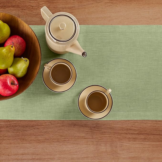 Solino Home Linen Table Runner 108 Inches Long - Athena, 100% Pure Linen Chambray Olive Table Runner 14 x 108 Inch for Dining, Spring, St Patricks Day