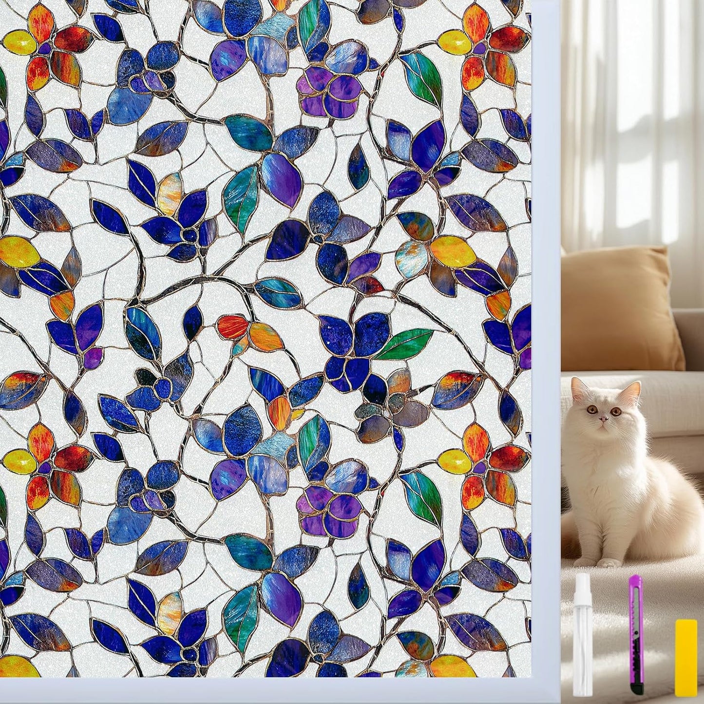 Window Privacy Film Stain Glass Window Film Rainbow Window Film Window clings Non-Adhesive Reusable Decorative for Room (Frosted Stained Leaf, 23.6 x 78.7 in)