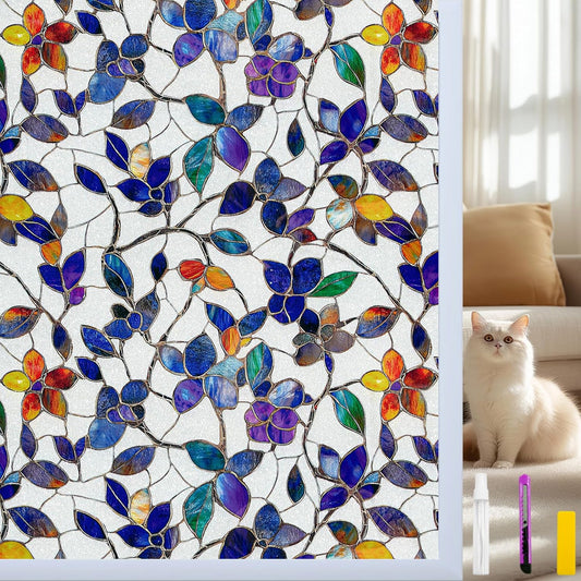Window Privacy Film Stain Glass Window Film Rainbow Window Film Window clings Non-Adhesive Reusable Decorative for Room (Frosted Stained Leaf, 35.4 x 78.7 in)