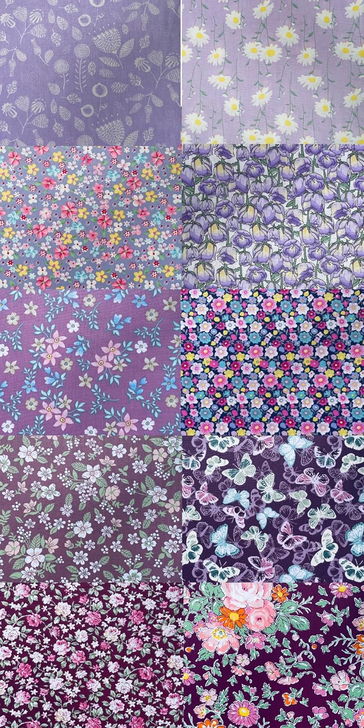 HANPATQUI 50PCS 8 x 8 inch Purple Printed 100% Cotton Fat Quarters Fabric for Sewing and Quilting Bundles Precut Fabric Square for DIY Craft Patchwork