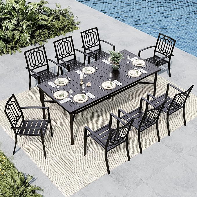 MFSTUDIO Patio Dining Set for 8, 9 Piece Outdoor Dining Set, Metal Patio Table and Chairs Set with Umbrella Hole, Outdoor Patio Furniture Set for Deck Backyard Poolside Garden