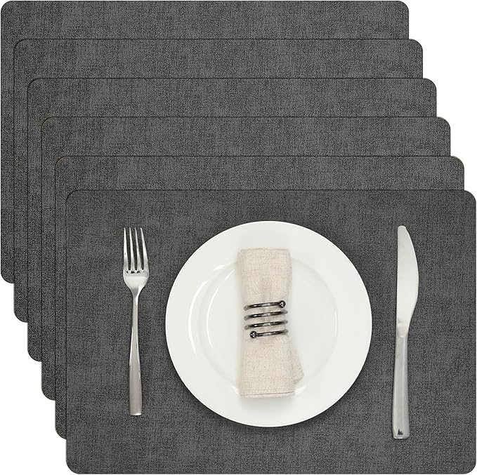Myir JUN Placemats Dual Sided, Faux Leather Place Mats Set of 6 Indoor for Dining Table Outdoor Placemat Square Non-Slip Washable Table Mats (Gray, Set of 6)
