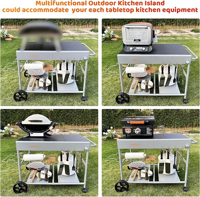 Upgraded Pizza Oven Cart Table for Ooni Koda/Karu/Fyra 16 & 12, Movable Thicken & Widen Rolling Kitchen Cart, Outdoor Grill Stand for Ninja Woodfire,Blackstone Griddle,Barbecue Tool Set