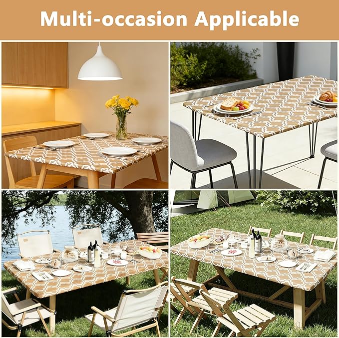Rectangle Picnic Table Cloth, Elastic Waterproof Fitted Vinyl Tablecloths for 5 Foot Tables, Wipeable Flannel Backed Table Covers for Dining, Camping, Outdoor(Khaki,36"x60")