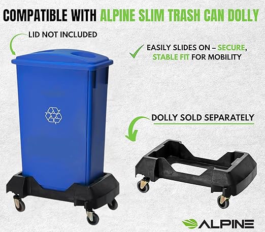 Alpine Commercial Slim Trash Can 23 Gallon - Set of 3 Tall Blue Recycle Bin – Space-Saving, Leakproof Plastic Waste Receptacles for Office, Janitorial & Public Use