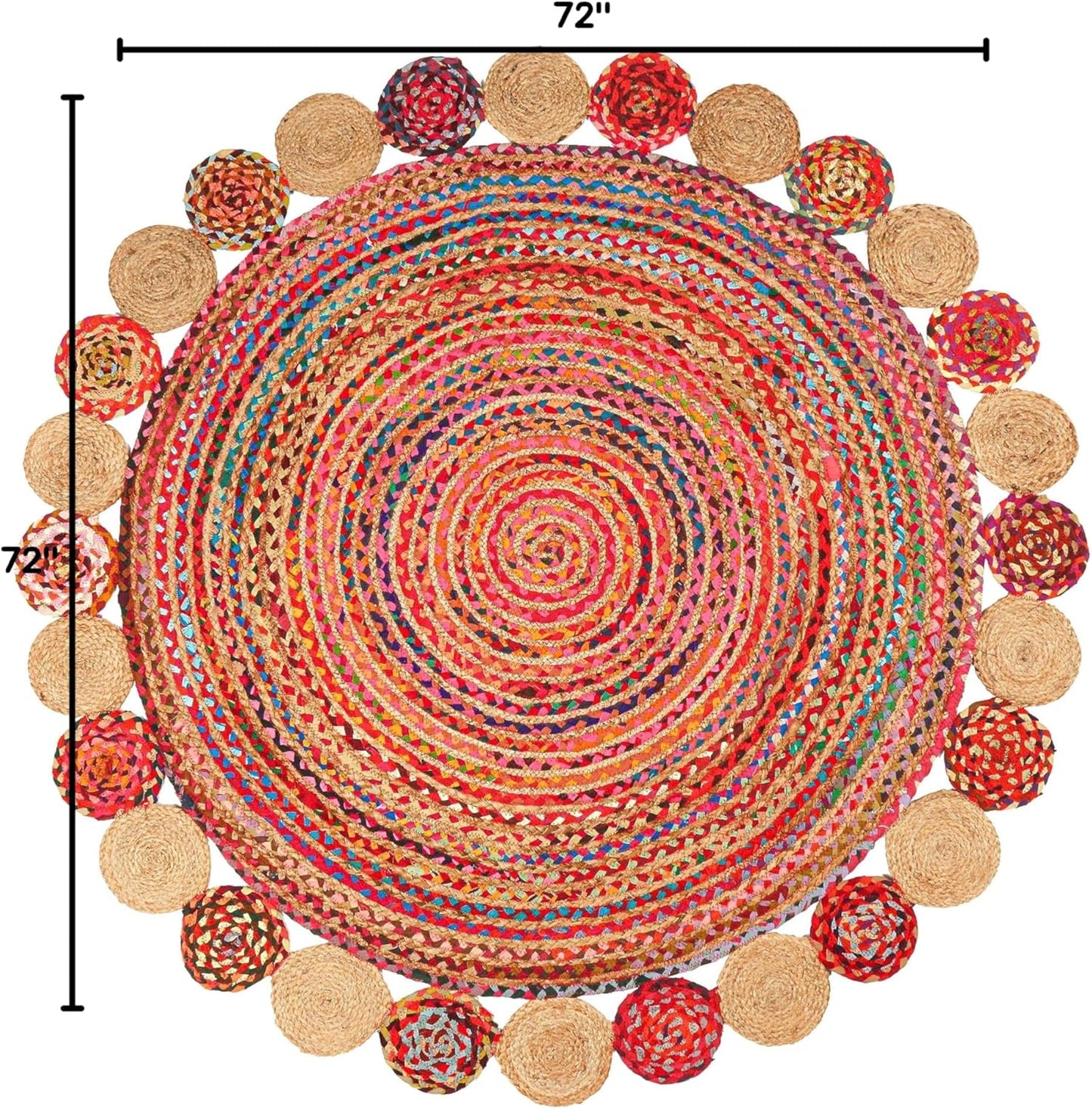6' Round Handwoven Jute Chindi Area Rug - Colorful Boho Rugs for Living Room - Hand Braided Multicolor Bohemian Rug for Farmhouse, Bedroom, Dining Room, Classroom, Hallway, Kitchen, Office