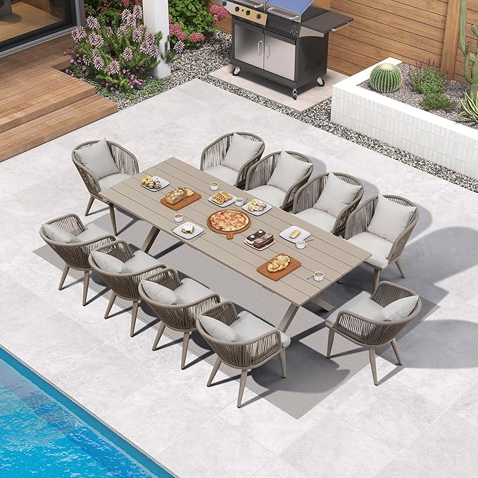 PURPLE LEAF 11 Pieces Patio Dining Set Wicker Outdoor Furniture Rectangular Table and Chairs Set for Garden Deck Aluminum Frame Backyard Kitchen Set, Cushions and Pillows Included Champagne