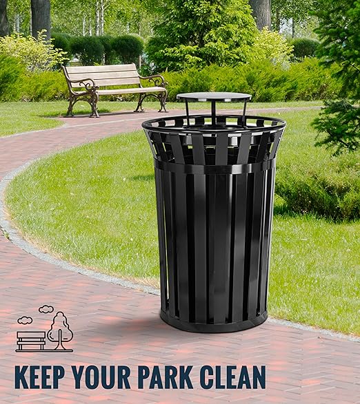 Alpine Industries 38 Gallon Commercial Outdoor Metal Trash Can with Liner, Flat Lid & Rain Bonnet