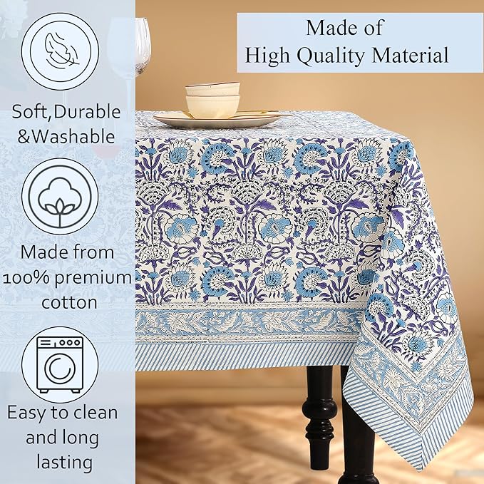 CPC Tablecloth 100% Cotton 72x140 Inch Indian Block Print Rectangle Table Cover, Blue Table Cloth for Weddings, Spring/Summer, Barbeque - Indigo Blue