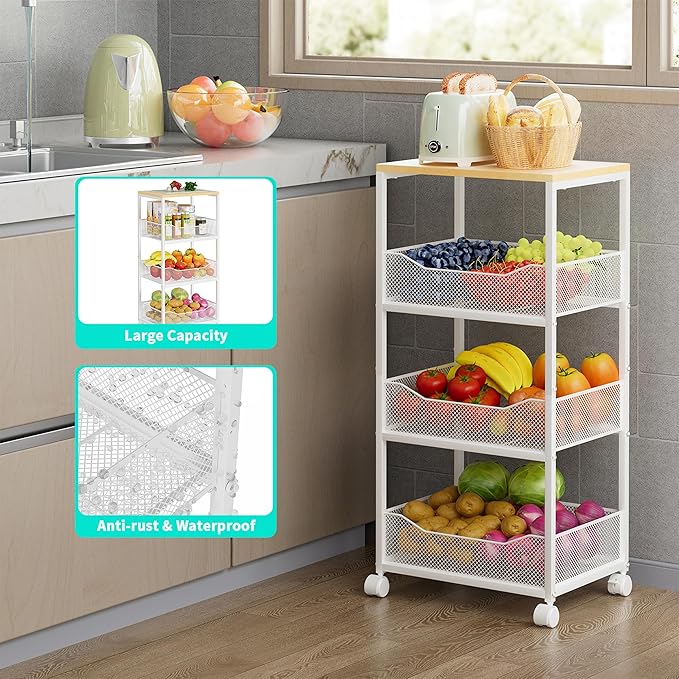 HapiRm Fruit Basket Kitchen Cart - 4-Tier Rolling Storage Cart with Wheels, Wood Top Utility Pantry Cart for Vegetables, Potatoes, Onions, Bread, Snacks