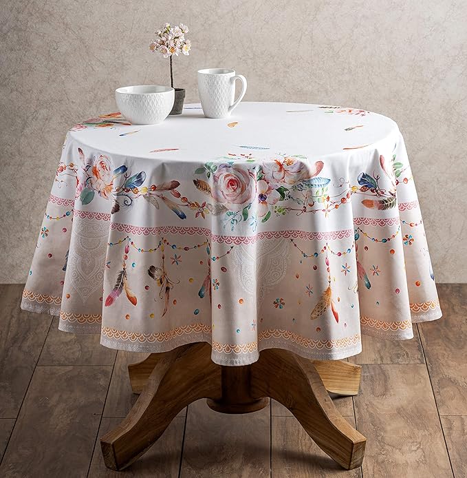 Maison d' Hermine Table Cloth Round Table 100% Cotton 69 Inches Tablecloth Reusable Decorative Everyday Use for Dining Room, Farmhouse, Home, Party, Festive & Wedding Spring Summer - Ibiza - Beige