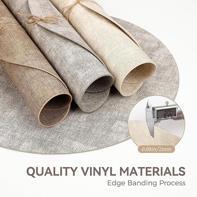 13" Round Placemats Set of 12, Reversible Faux Leather Heat Resistant Table Mats, 100% Waterproof Oilproof Wipeable Table Protective Placemats for Vinyl, Washable for Indoor (12, Beige)