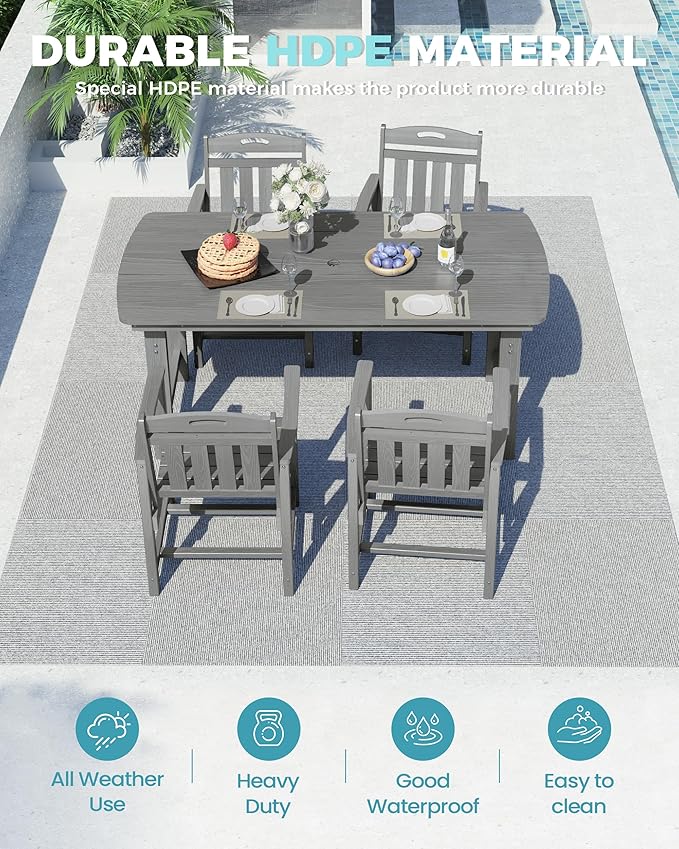 Ciokea HDPE Outdoor Dining Set, 5-Piece Patio Table and Chairs Set with Umbrella Hole, All-Weather Patio Dining Sets for 4, Durable Patio Furniture for Backyard, Garden, Lawn & Poolside, Grey