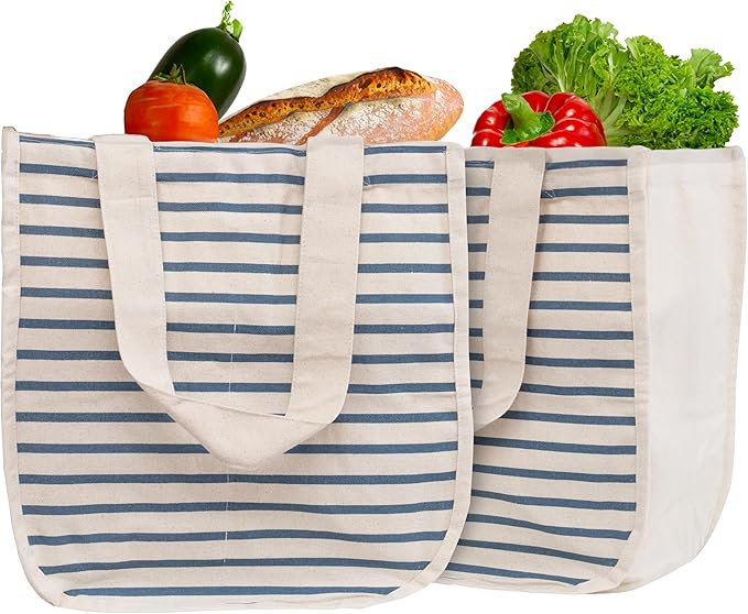 Reusable Cotton Grocery Tote Bags - 2 Pack, 100% Cotton, Washable, Environment-friendly, Sturdy, Convenient to Carry with Handles, Multipurpose Cotton Grocery Shopping Bags - Canvas Picnic Tote