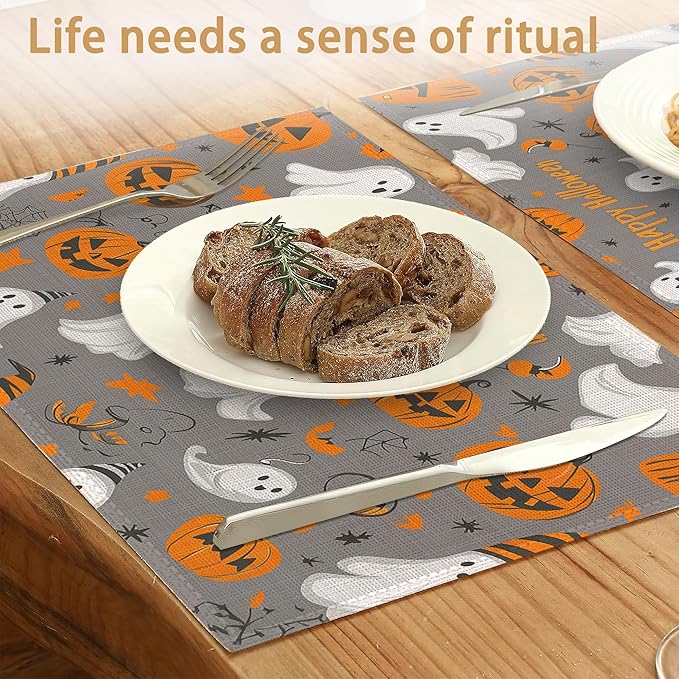 Placemats Set of 6,Pumpking Ghost Table Mats,Halloween Washable Linen Table Mats,Non-Slip Heat Resistant Placemats for Party Kitchen Dining Indoor Outdoor 12"x18"