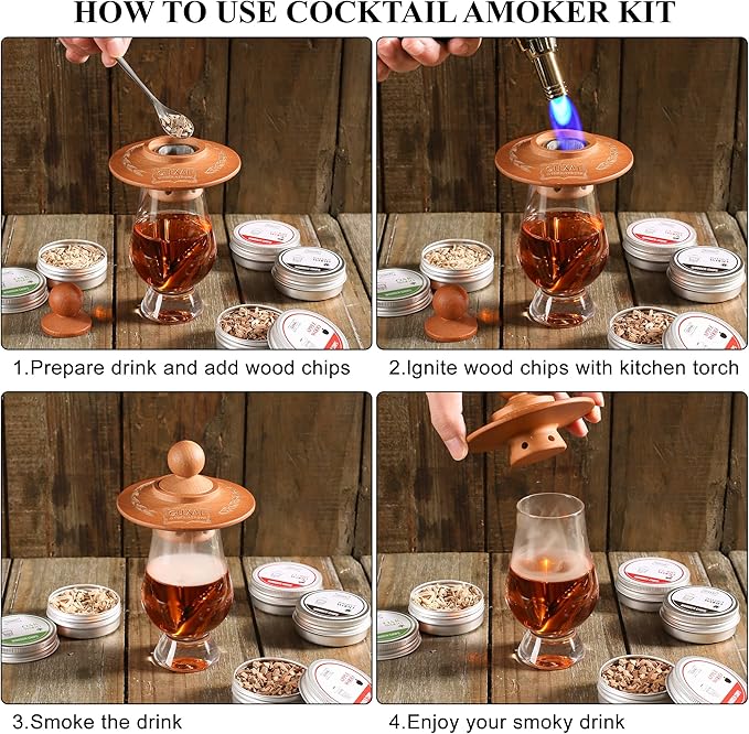 Bourbon Whiskey Cocktail Smoker Kit with Torch, Glexal Drink Smoker Infuser Kit with Four Flavors Wood Chips for Smoked Old Fashioned Cocktails, Whiskey Bourbon Gifts for Men Father's Day (No Butane)