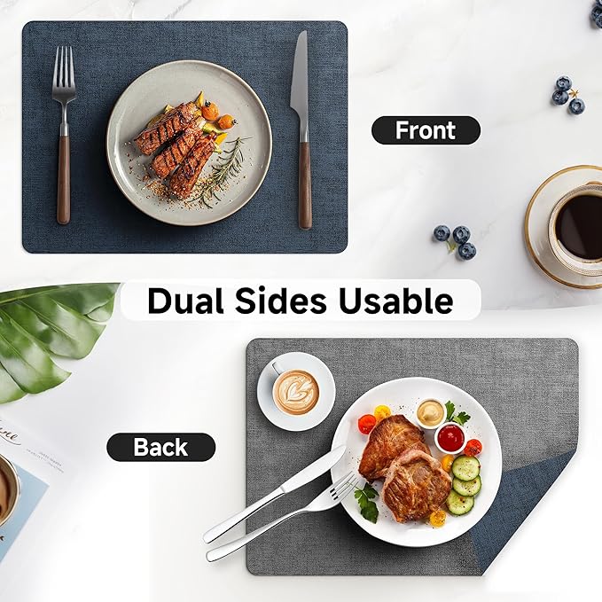 Faux Leather Vinyl Placemats Set of 4 Wipeable Heat Resistant Place Mats 100% Washable - Waterproof - Anti Slip Reversible Table Mats for Kitchen/Dining/Party, 12" x 16.5", Navy Blue & Dark Grey