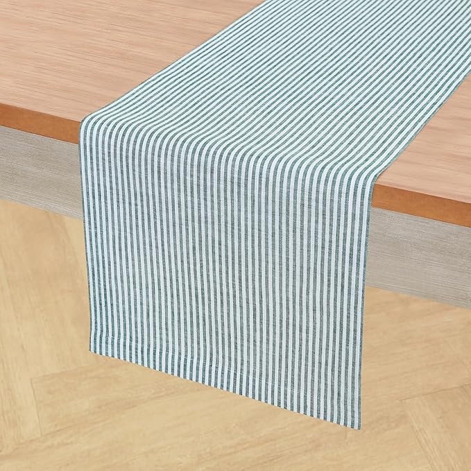 Solino Home Linen Table Runner 36 Inches - Narrow Stripe 100% Pure Linen Rainforest and White Table Runner 14 x 36 Inch Ideal for Dresser and Coffee Tables - St Patricks Day