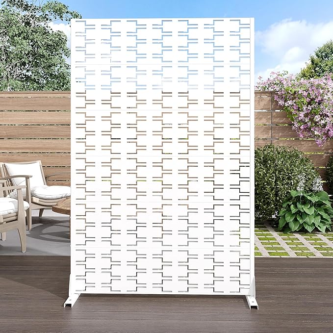 Casaphoria Metal Privacy Screen Outdoor, 72" H x 47" W Freestanding Decorative Privacy Screen for Patio Deck Balcony Garden with Stable Base, Square White