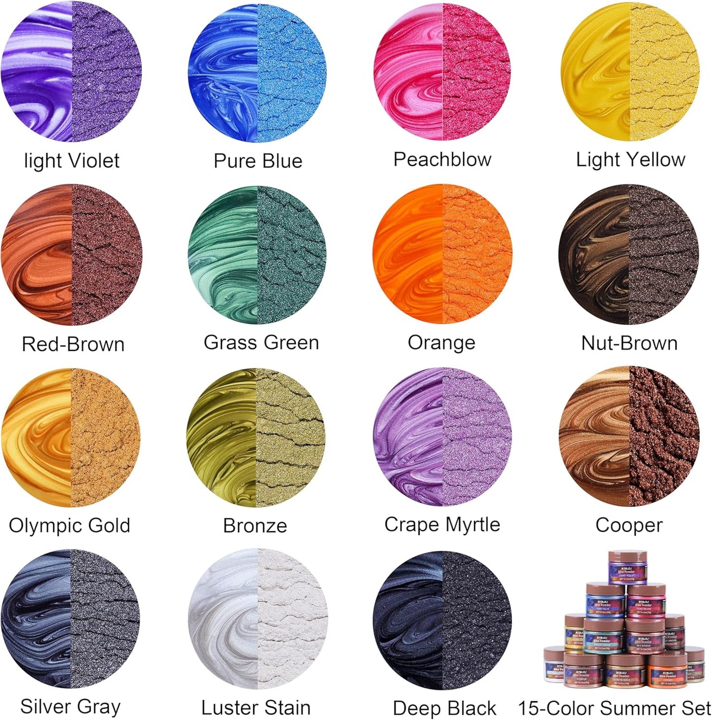 MTBJZJ Mica Powder for Resin, 15 Colors - 20g/Bottle of Epoxy Resin Color Pigment,for Candle Dye, Lip Gloss Pigment, Soap Making, Slime Colorant, Paint, Bath Bombs,Nail Polish and Eye Shadow
