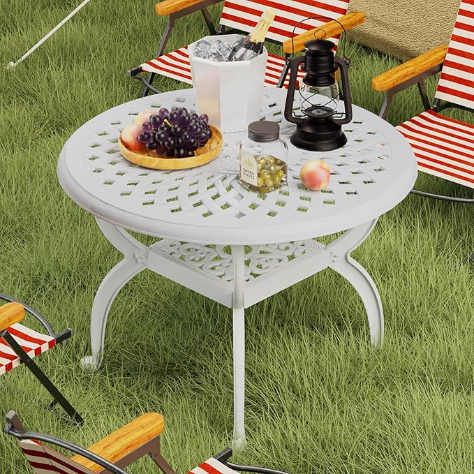 Cast Aluminum Outdoor Side Table, All Weather Round Bistro Table, Outdoor Coffee Table, Small End Table for Patio, Indoor, Lawn, Garden, White