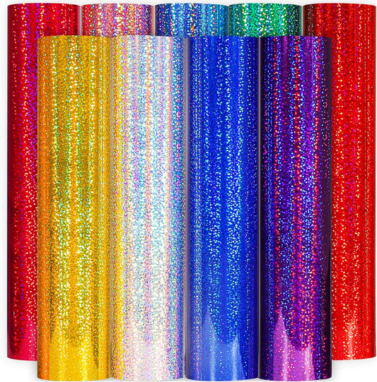 GIRAFVINYL Holographic Glitter Permanent Vinyl Bundle, 9 Assorted Colors 12-Inch Sheets, Glitter Vinyl Permanent Self-Adhesive Durable for Indoor/Outdoor Crafts, Easy to Cut/Weed with Protective Film