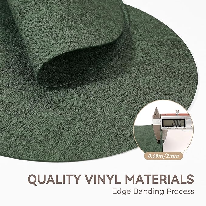 13" Round Placemats Set of 6, Reversible Faux Leather Heat Resistant Table Mats, Waterproof Oilproof Wipeable Table Protective Placemats for Vinyl, Washable for Indoor & Outdoor Use (6, Dark Green)