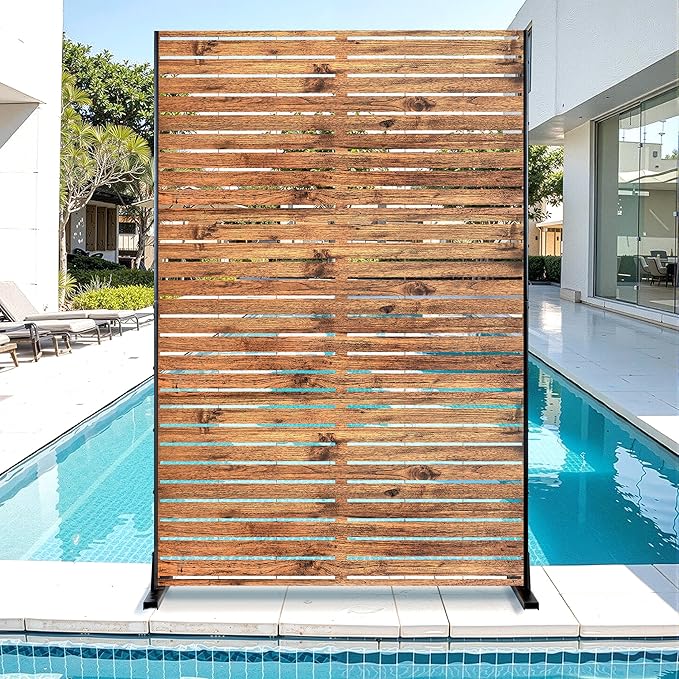 Metal Privacy Screen for Outdoor & Indoor Use, Free Standing Privacy Screen for Patio Garden Pool, 72" H x 47" W Decoative Privacy Panels, Weather Resistant, Easy Assembly (Natural Brown)