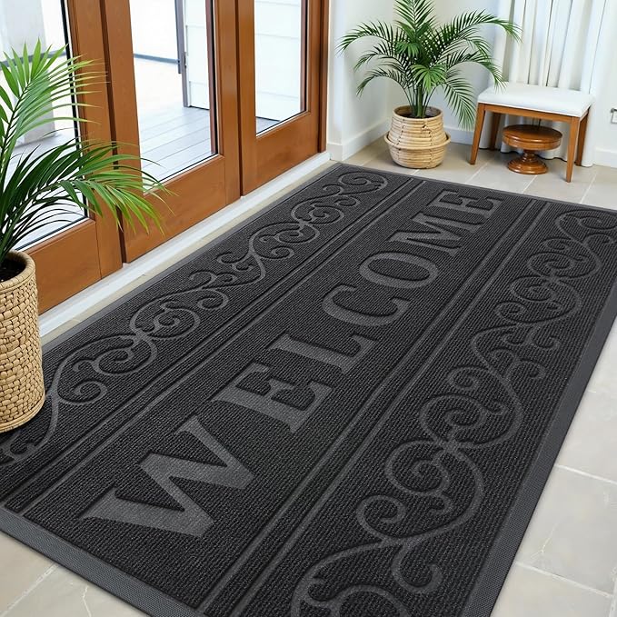 OLANLY Welcome Door Mat Indoor Outdoor Entrance, Heavy Duty Sturdy Front Door Mat, Waterproof All-Weather Doormat, Stain Resistant, Low Profile, Easy Clean Patio Entryway Mat, 59 x 35, Black