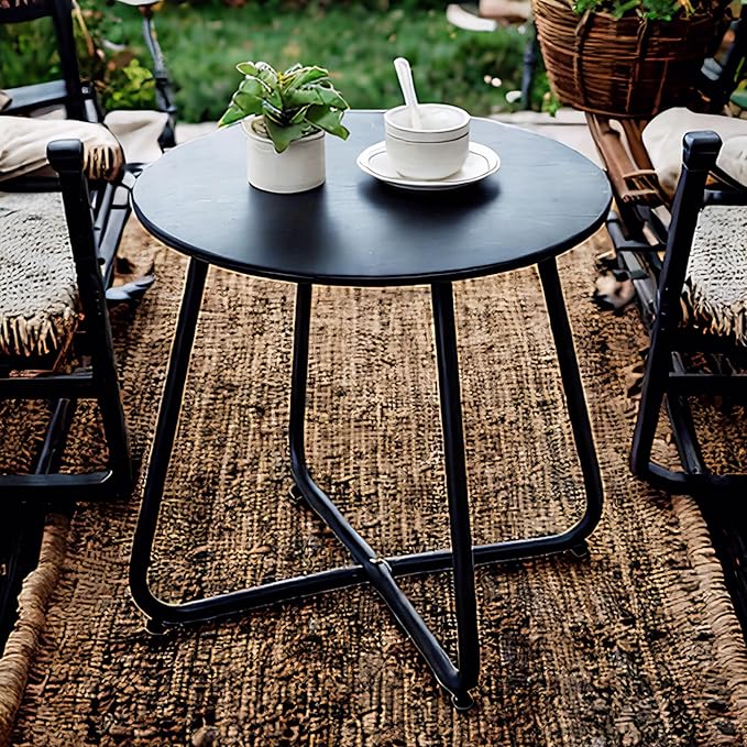 Outdoor Table Small Patio Side Table, Round Metal Side Table, Weatherproof, Portable, Outdoor End for Garden, Balcony, Yard (Black)