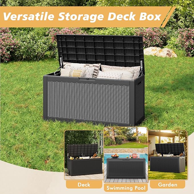 Outdoor Storage Box, Resin Deck Boxes Outdoor Waterproof For Patio Furniture, Garden Tools, Pool Supplies, Durable And UV Resistant, Lockable (100 Gallon, Black)