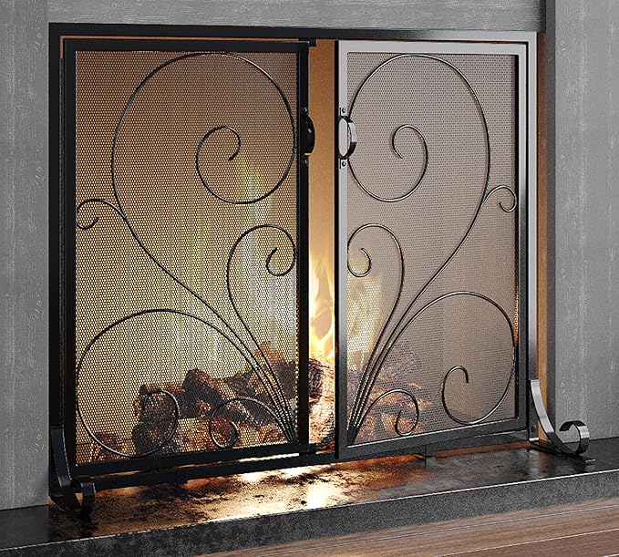 Flat Fireplace Screen with Doors,Solid Wrought Iron Frame with Metal Mesh, Flat Panel Decorative Fireplace Screen with Scroll Design, Free Standing Spark Guard