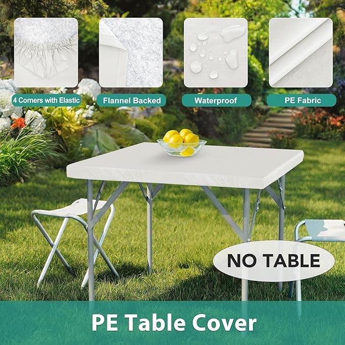 LUSHVIDA 2 Packs Vinyl Card Tablecloth with Flannel Backing 34x34 inch - Waterproof Plastic Picnic Table Cover for Square Folding Table Cloth with Elastic Corners, Ivory