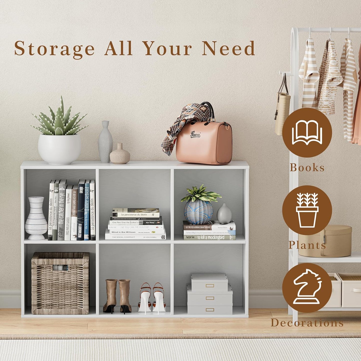 Wooden Cube Storage Organizer with Closed Back Panel, 11in Cube Shelf Opening, Bookshelf, Display Shelf,Closet Cabinet for Home and Office (Embossed White, 6-Cube 35.98L*9.45W*24.09H)