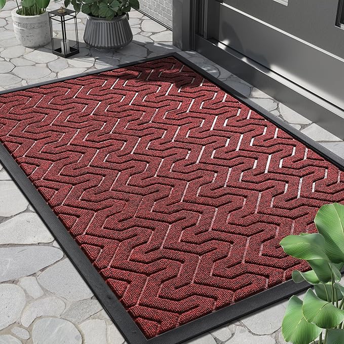 Yimobra Large Door Mat Outside Entrance 36x24, Waterproof Heavy Duty Outdoor Mats for Front Door, Non Slip Rubber Entry Mat for Garage Patio Indoor, Easy Clean, Black Red