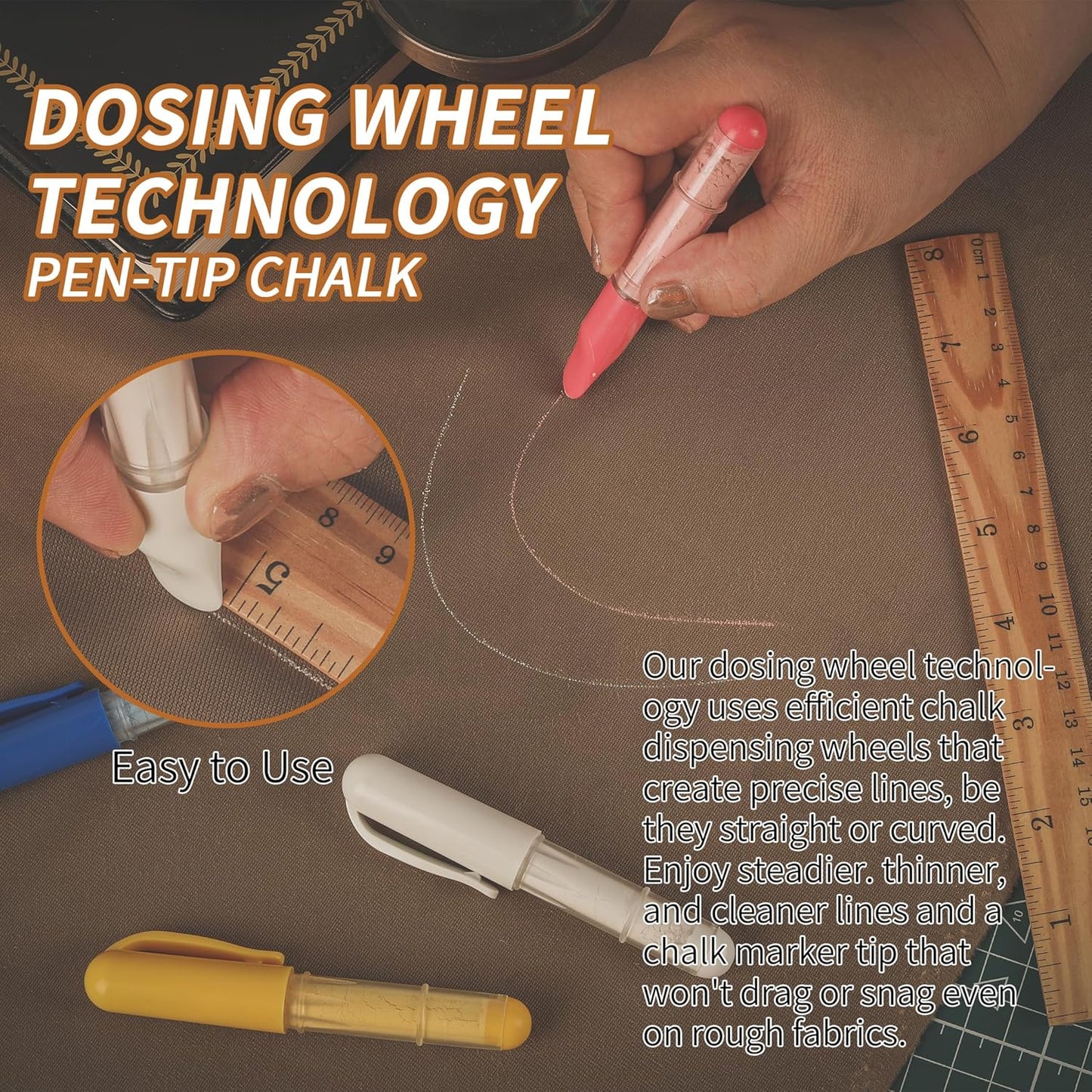 (2-pack) Fabric Chalk Markers -Erase Tailor’s Chalk for Quilting and Sewing - Compatible with Most Fabrics - With Dosing Wheel Technology, Red & White