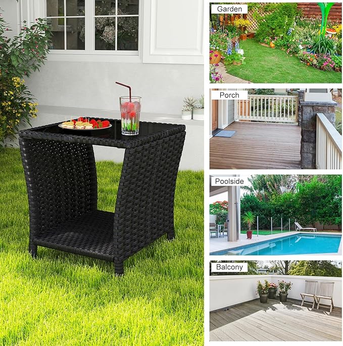kinbor Small Outdoor Table - Tempered Glass Top Small Outdoor Wicker Side Table with Storage Shelf for Patio, Balcony & Porch, Durable PE Rattan & Iron Frame