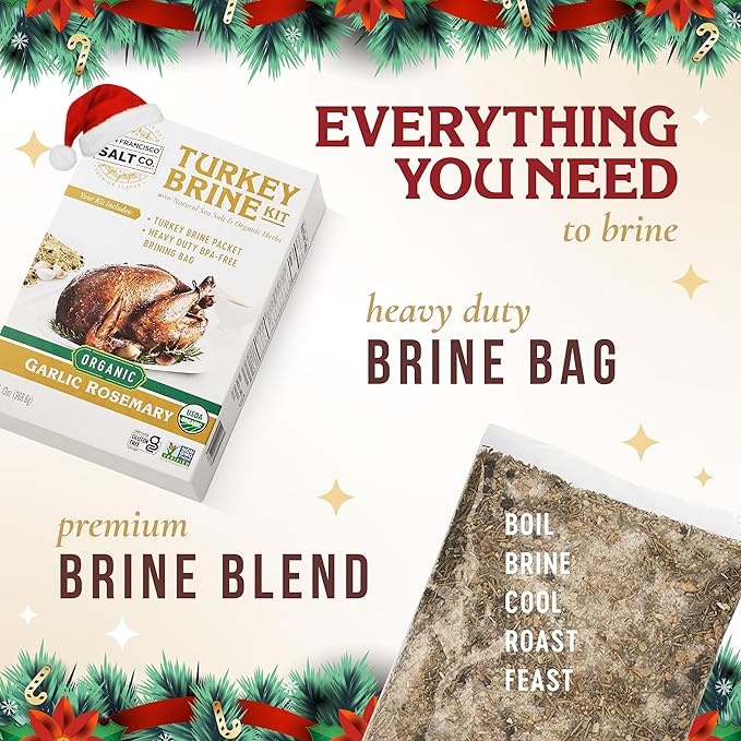 San Francisco Salt Company Organic Turkey Brine Kit – 13 oz Garlic & Rosemary Blend with BPA-Free Brine Bag – Certified Organic & Kosher Seasoning for Whole, Smoked, Oven-Roasted, or