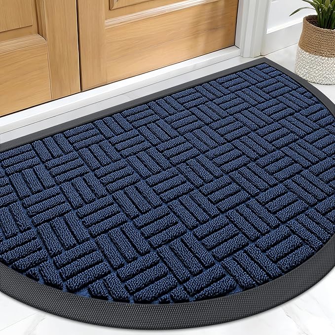 OLANLY Half Circle Door Mat Outside Entrance 29.5x17, Absorbent, Heavy Duty Sturdy Natural Rubber Doormat Indoor Outdoor, Fade Resistant, Non-Slip Backing Low Profile Floor Mat for Entryway, Navy Blue