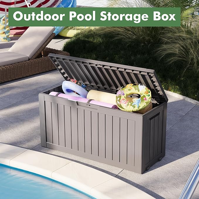 Outdoor Storage Box, Resin Deck Boxes Indoor and outdoor, Waterproof Storage Box Lockable Lid (Grey, 75 Gallon)