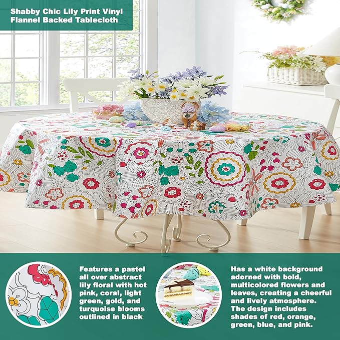 Newbridge Shabby Chic Lily Print 60 x 84 Inch Oval Vinyl Flannel Backed Tablecloth, Pink Yellow and Green Lily Indoor and Outdoor Waterproof Vinyl Table Cover for Spring Holiday Party