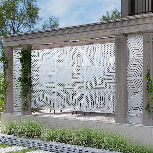 Casaphoria Metal Privacy Screen Outdoor, 72" H x 47" W Freestanding Decorative Privacy Screen for Patio Deck Balcony Garden with Stable Base, White-Ivan