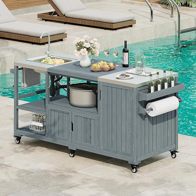 75.4" Outdoor Kitchen Grill Cart with Sink, Solid Fir Wood Island for XL Egg Grills, Rolling BBQ Bar Cart with Stainless Steel Top & Storage, Brown