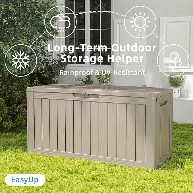 EasyUp 85 Gallon Outdoor Storage Box, Resin Waterproof UV-Resistant Deck Box, Reinforced Stability for Patio, Garden, and Poolside, Striped Gray